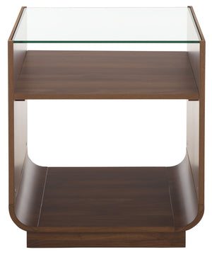 Acres Accent Table With Tempered Glass Top And Natural Wood Frame — Rustic Modern Compact Accent Piece