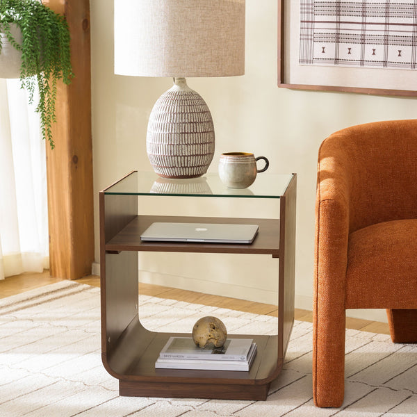 Acres Accent Table With Tempered Glass Top And Natural Wood Frame — Rustic Modern Compact Accent Piece