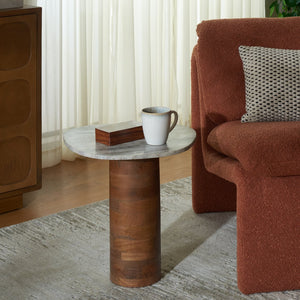 Safavieh Mono Small Marble Side Table - Off-white Top With Walnut Pedestal For Stunning Home Decor Accent Off White Marble ,Walnut Marble ,Mango Wood Base Acc2908a