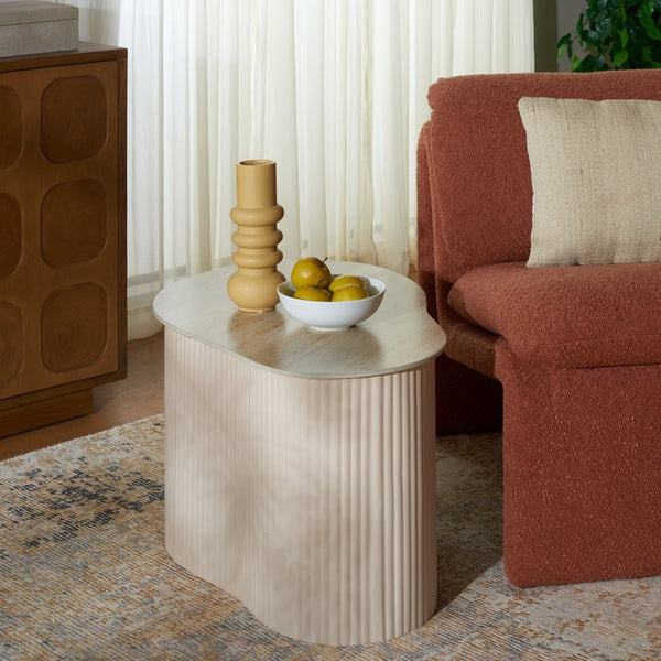 Safavieh Mtp Large Ceramic Side Table - Sculptural Beige Accent With Ribbed Metallic Base For Modern Spaces ACC2909A