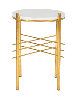 Safavieh Jenesis Round Accent Table - White Marble Top With Gold Geometric Legs For Modern Elegance ACC3211A
