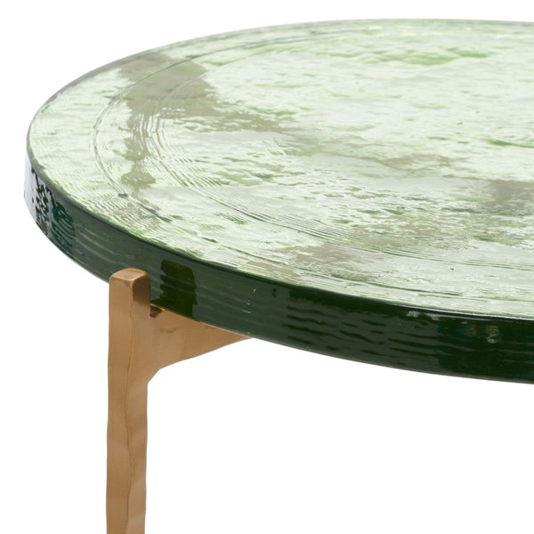 Safavieh Tengah Round Accent Table With Sculpted Brass Base & Rippling Green Glass Top For Elegant Modern Decor ACC3213A