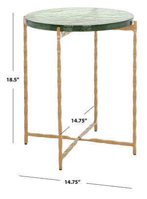 Safavieh Tengah Round Accent Table With Sculpted Brass Base & Rippling Green Glass Top For Elegant Modern Decor ACC3213A