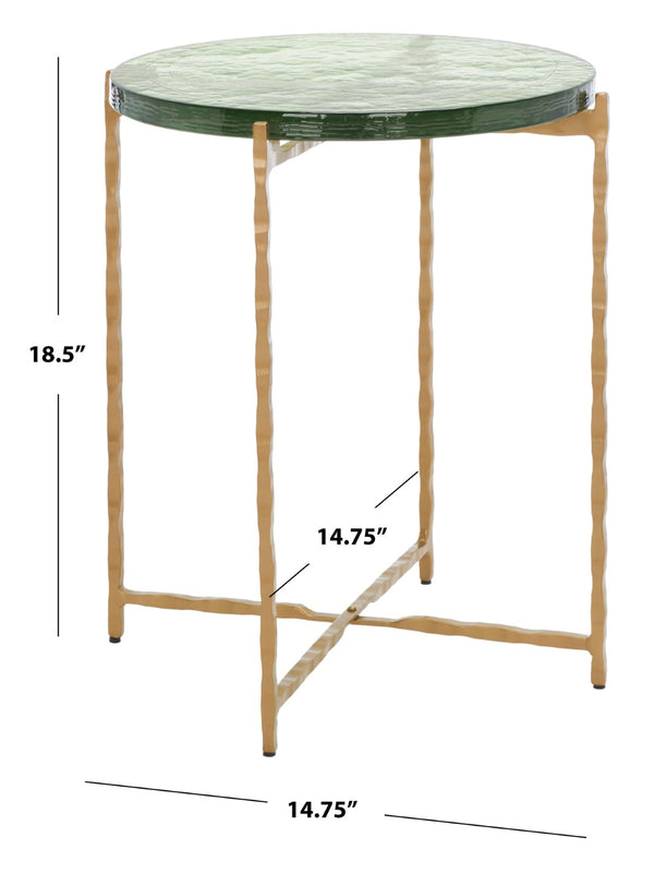 Safavieh Tengah Round Accent Table With Sculpted Brass Base & Rippling Green Glass Top For Elegant Modern Decor ACC3213A