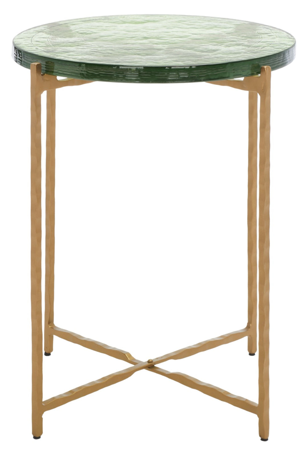 Safavieh Tengah Round Accent Table With Sculpted Brass Base & Rippling Green Glass Top For Elegant Modern Decor ACC3213A