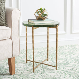 Safavieh Tengah Round Accent Table With Sculpted Brass Base & Rippling Green Glass Top For Elegant Modern Decor ACC3213A