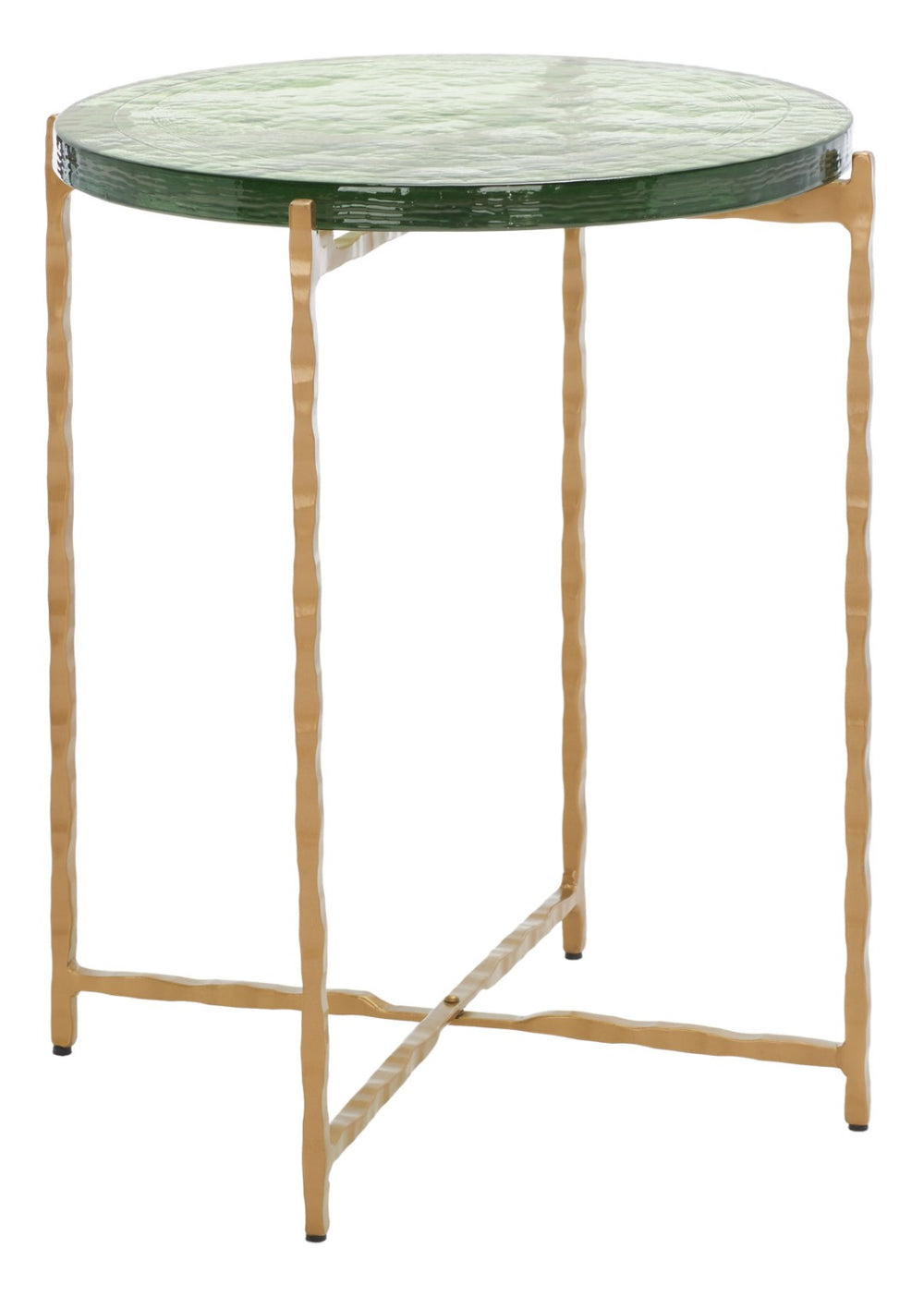 Safavieh Tengah Round Accent Table With Sculpted Brass Base & Rippling Green Glass Top For Elegant Modern Decor ACC3213A
