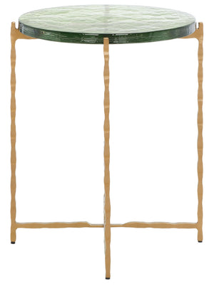Safavieh Tengah Round Accent Table With Sculpted Brass Base & Rippling Green Glass Top For Elegant Modern Decor ACC3213A