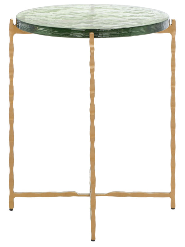 Safavieh Tengah Round Accent Table With Sculpted Brass Base & Rippling Green Glass Top For Elegant Modern Decor ACC3213A