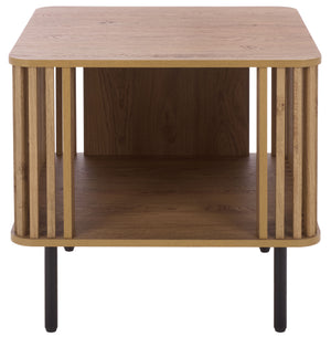 Kiyoshi Accent Table With Warm Wood-Tone Top And Contrasting Metal Trim — Compact Modern Side Table