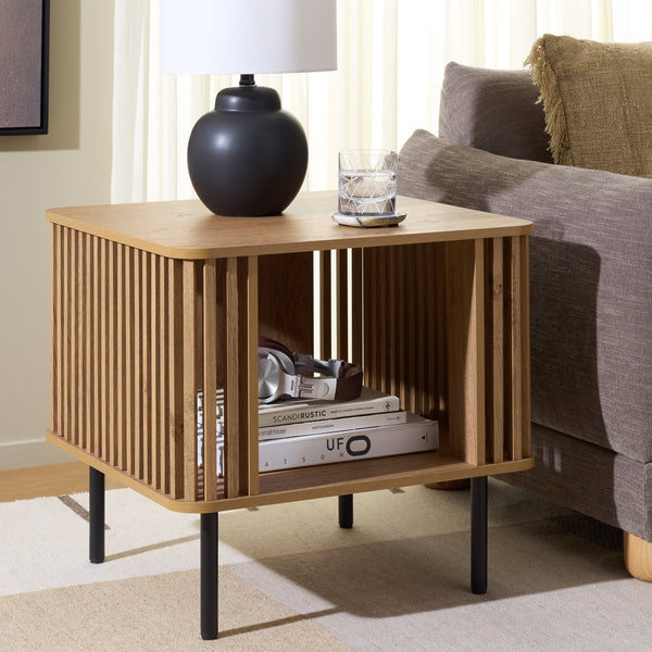 Kiyoshi Accent Table With Warm Wood-Tone Top And Contrasting Metal Trim — Compact Modern Side Table