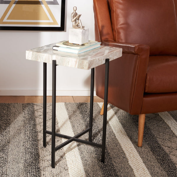 Safavieh Tenzin Modern Stone Top Accent Table With Sleek Black Metal Base - Stylish Marble Side Table For Any Room ACC3707A