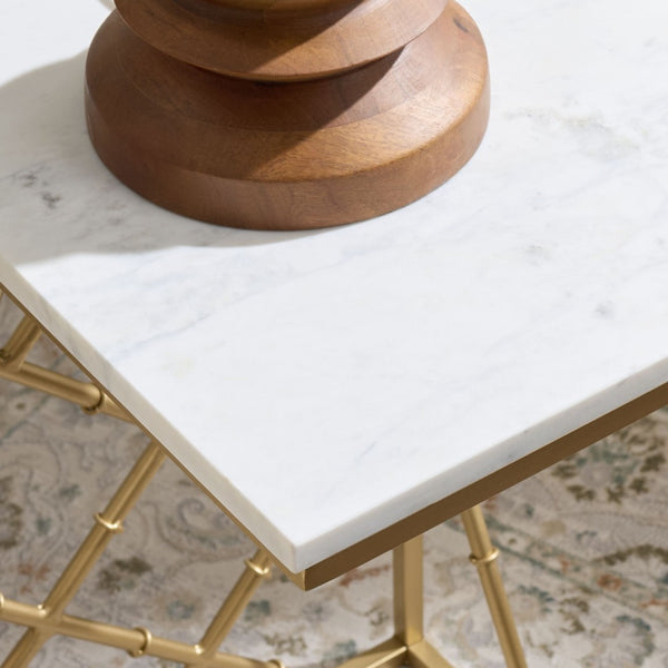Safavieh KESTON Marble C-Table - Luxe White Top with Gold Legs for Stylish Living Room & Bedroom Accent ACC3710A