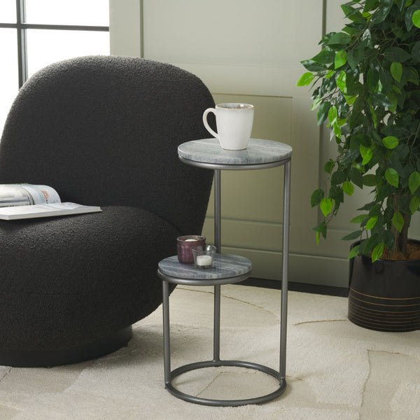 Safavieh Marwell Drink Table - Two-Tier Grey Marble Accent Table With Gunmetal Base For Modern Spaces ACC3722A