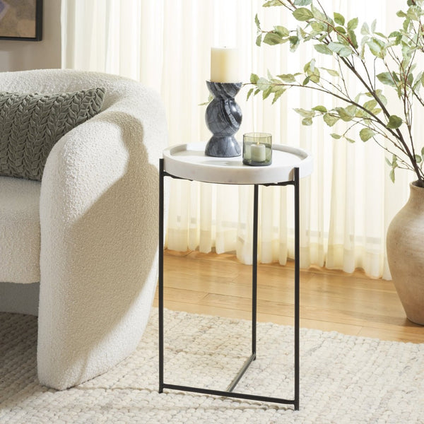 Safavieh Bavaria Marble Side Table - Modern Accent Piece With White Marble Top & Asymmetric Black Metal Base ACC3729A