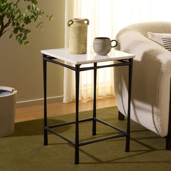 Safavieh Nadezhda Genuine Marble Top Accent Table with Slim Matte Black Metal Base for Modern Spaces ACC3756A