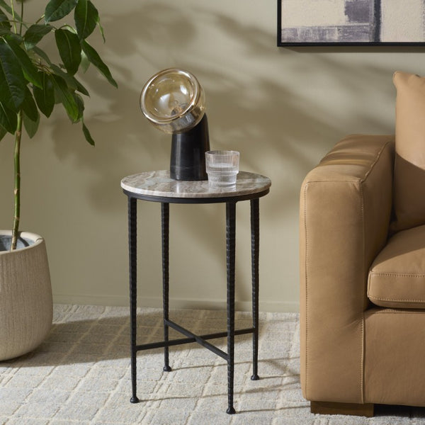 Safavieh Izza Brown Marble Square Side Table with Matte Black Iron Base for Modern Living Rooms ACC3776A