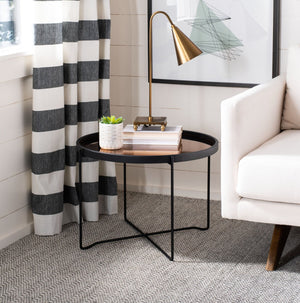 Safavieh Ruby Medium Round Tray Accent Table - Glamorous Rose Gold Top With Black Wood & Iron Legs, Stylish Use ACC4205A