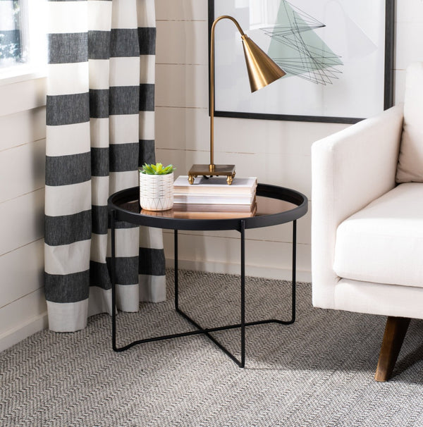 Safavieh Ruby Medium Round Tray Accent Table - Glamorous Rose Gold Top With Black Wood & Iron Legs, Stylish Use ACC4205A