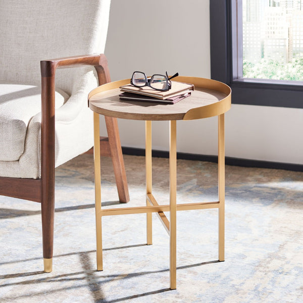 Safavieh Prague Round Side Table - Light Grey Oak With Gold Edges, Stylish Accent For Living Rooms & Bedrooms ACC4208A
