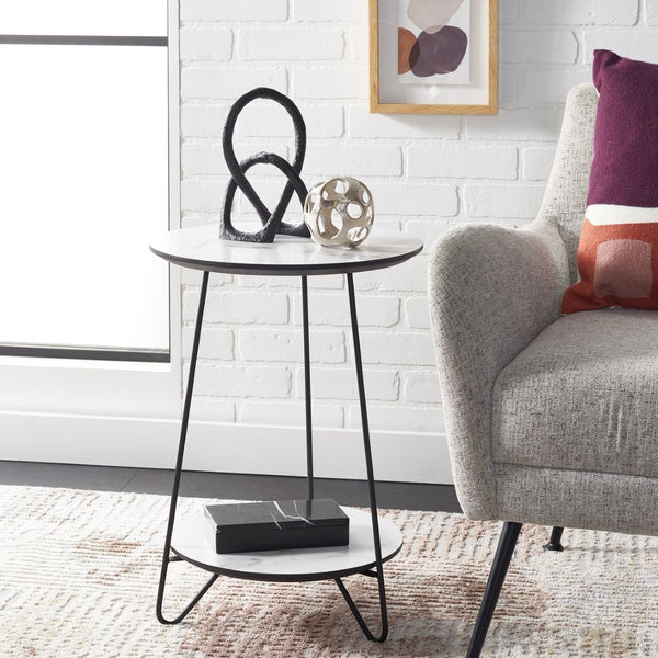 Safavieh Avaline Mid-Century Round Side Table With Faux White Marble & Black Hairpin Legs For Modern Spaces ACC4210A