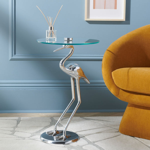 Safavieh Tori Crane Accent Table - Artisanal Design With Etched Motifs For Stylish Living Space Elegance Silver / Glass ACC4600B