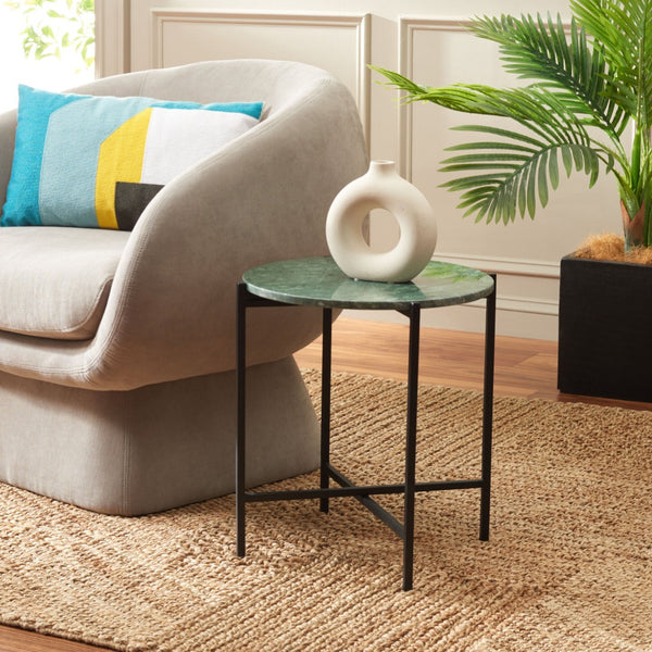 Safavieh Evrynne Round Accent Table - Luxurious Green Marble Top & Black Minimalist Base For Modern Spaces ACC4608A