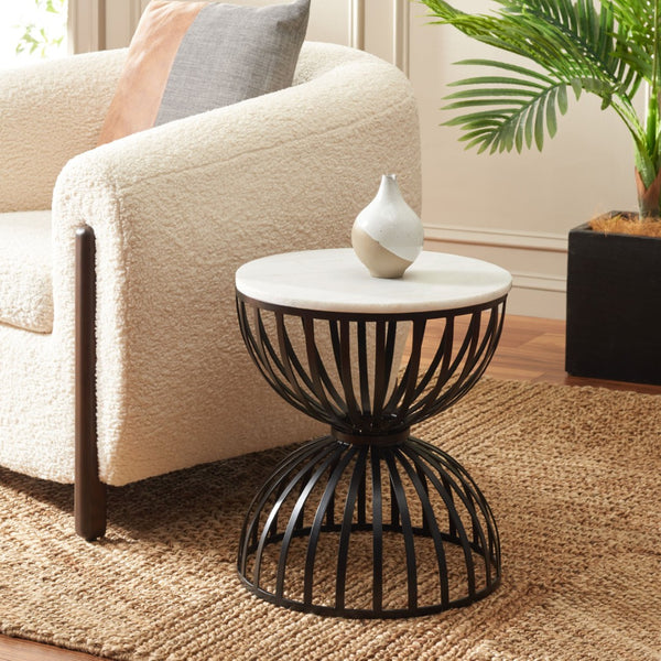 Safavieh Tissaia Modern Round Accent Table – Chic White Marble Top With Geometric Black Metal Base Design ACC4616A