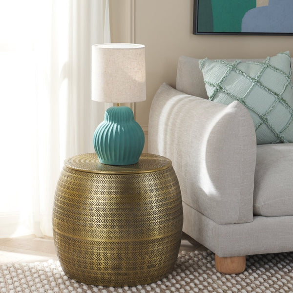 Safavieh Apoline Round Side Table With Engraved Chevron Design And Hidden Storage For Stylish Living Spaces Antique Brass ACC5500A