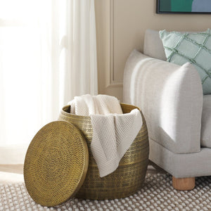 Safavieh Apoline Round Side Table With Engraved Chevron Design And Hidden Storage For Stylish Living Spaces Antique Brass ACC5500A
