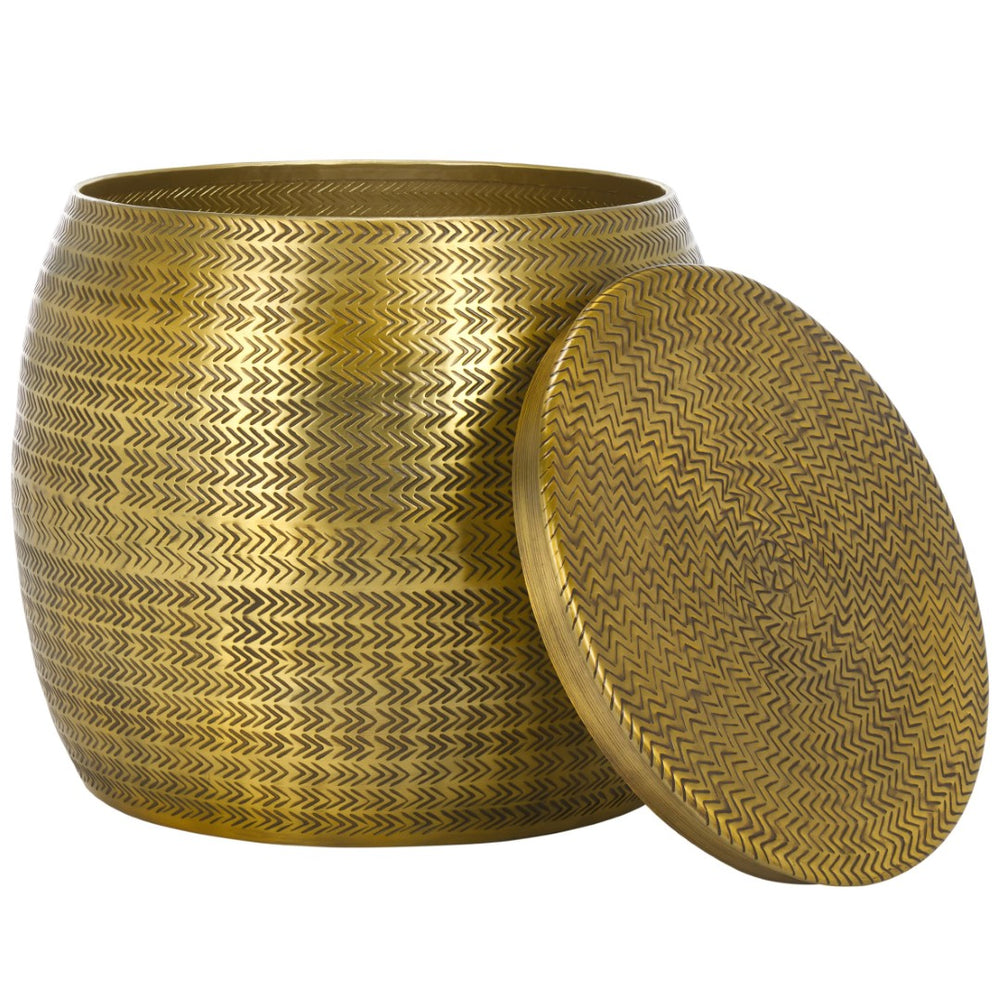 Safavieh Apoline Round Side Table With Engraved Chevron Design And Hidden Storage For Stylish Living Spaces Antique Brass ACC5500A