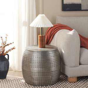 Safavieh Apoline Round Side Table With Engraved Chevron Design And Hidden Storage For Stylish Living Spaces Antique Silver ACC5500B