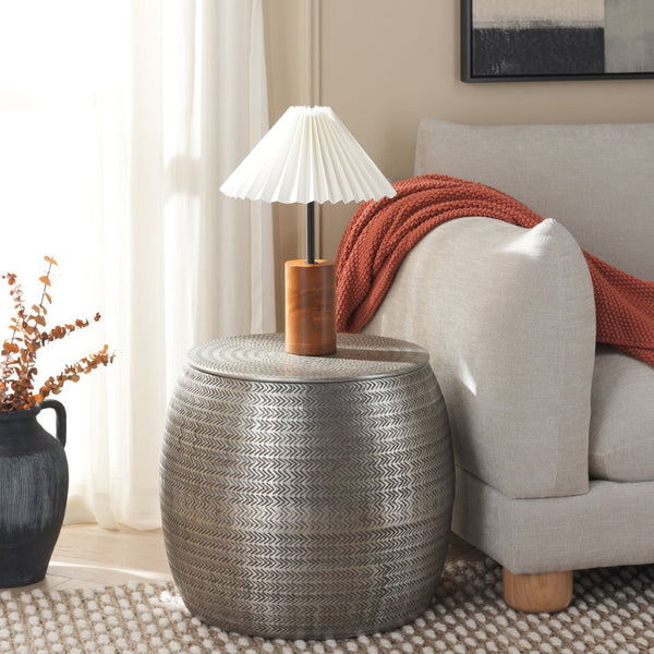 Safavieh Apoline Round Side Table With Engraved Chevron Design And Hidden Storage For Stylish Living Spaces Antique Silver ACC5500B