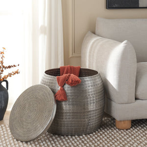 Safavieh Apoline Round Side Table With Engraved Chevron Design And Hidden Storage For Stylish Living Spaces Antique Silver ACC5500B