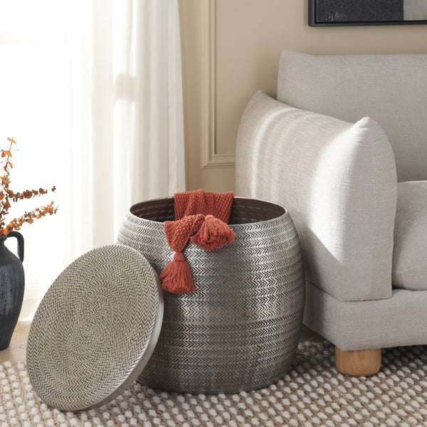 Safavieh Apoline Round Side Table With Engraved Chevron Design And Hidden Storage For Stylish Living Spaces Antique Silver ACC5500B