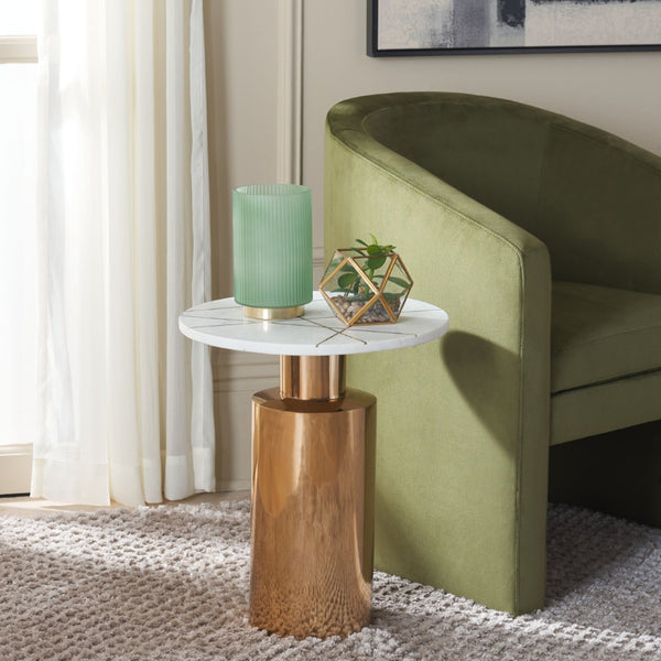 Safavieh Capucine Side Table – Modern Minimalist Accent With Marble Top & Copper Base For Elegant Interiors ACC5501A