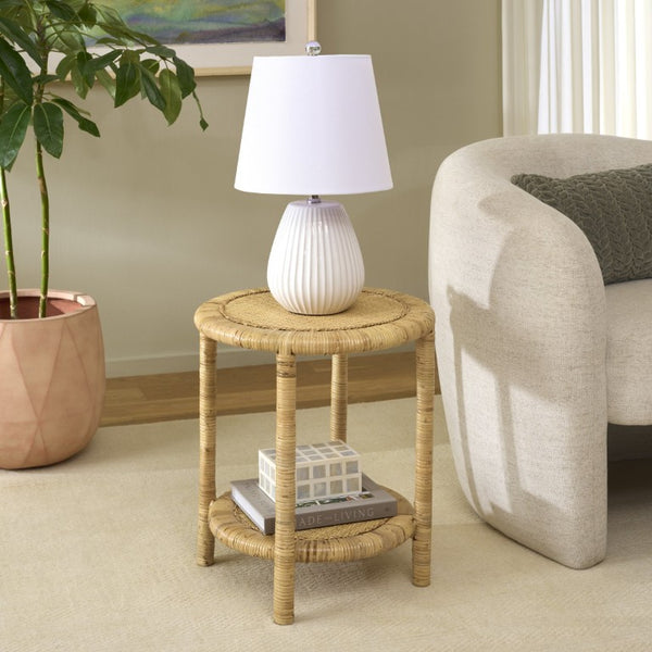 Safavieh Akane Woven Rattan Accent Table with Open Shelf Boho Organic Living Room Side ACC6000A