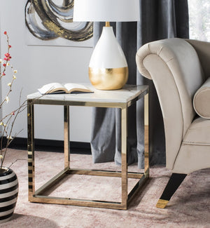 Safavieh Bethany Square End Table – Sleek Contemporary Design With Geometric Base For Modern Living Spaces White Marble Veneer/Brass Leg ACC6201A