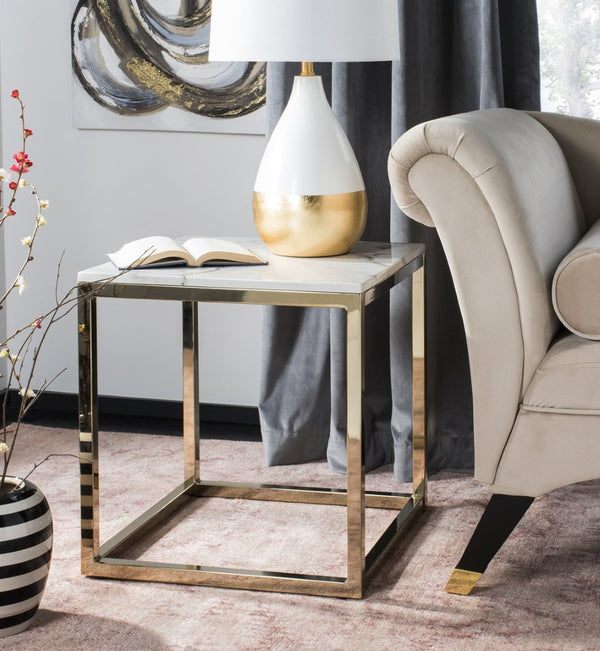 Safavieh Bethany Square End Table – Sleek Contemporary Design With Geometric Base For Modern Living Spaces White Marble Veneer/Brass Leg ACC6201A