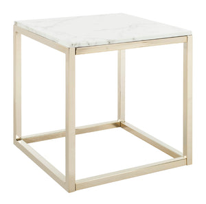 Safavieh Bethany Square End Table – Sleek Contemporary Design With Geometric Base For Modern Living Spaces White Marble Veneer/Brass Leg ACC6201A