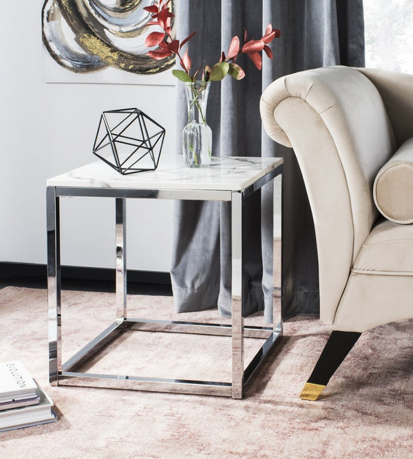 Safavieh Bethany Square End Table – Sleek Contemporary Design With Geometric Base For Modern Living Spaces White Marble Veneer/Chrome Leg ACC6201B