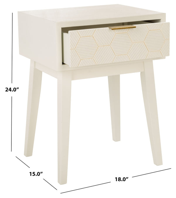 Safavieh Keya Mid-Century Modern Accent Table With Striated Hexagon Drawer And Gold Pull For Stylish Storage White ACC6601A
