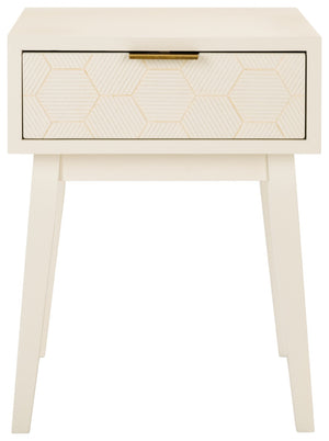 Safavieh Keya Mid-Century Modern Accent Table With Striated Hexagon Drawer And Gold Pull For Stylish Storage White ACC6601A
