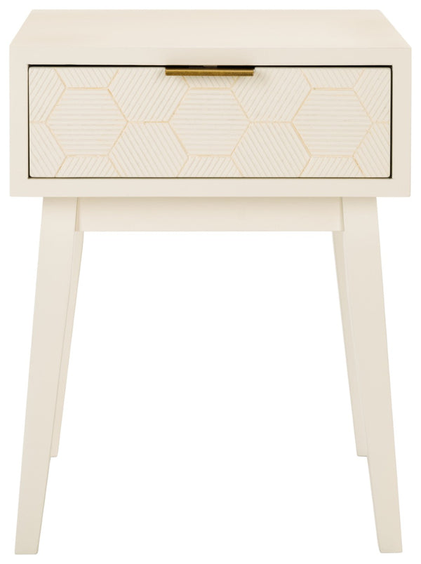 Safavieh Keya Mid-Century Modern Accent Table With Striated Hexagon Drawer And Gold Pull For Stylish Storage White ACC6601A