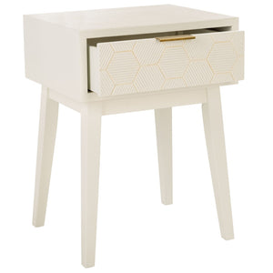 Safavieh Keya Mid-Century Modern Accent Table With Striated Hexagon Drawer And Gold Pull For Stylish Storage White ACC6601A