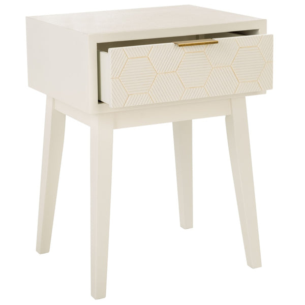 Safavieh Keya Mid-Century Modern Accent Table With Striated Hexagon Drawer And Gold Pull For Stylish Storage White ACC6601A