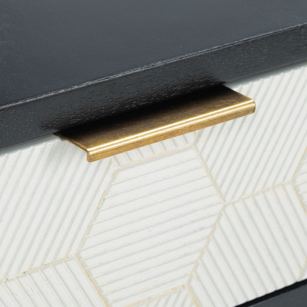 Safavieh Keya Mid-Century Modern Accent Table With Striated Hexagon Drawer And Gold Pull For Stylish Storage Black / White ACC6601B