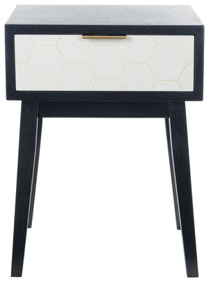 Safavieh Keya Mid-Century Modern Accent Table With Striated Hexagon Drawer And Gold Pull For Stylish Storage Black / White ACC6601B