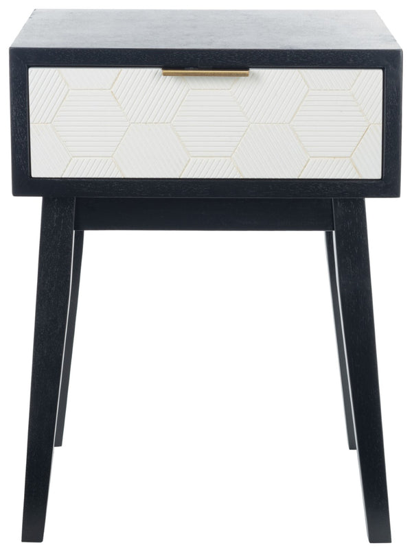 Safavieh Keya Mid-Century Modern Accent Table With Striated Hexagon Drawer And Gold Pull For Stylish Storage Black / White ACC6601B
