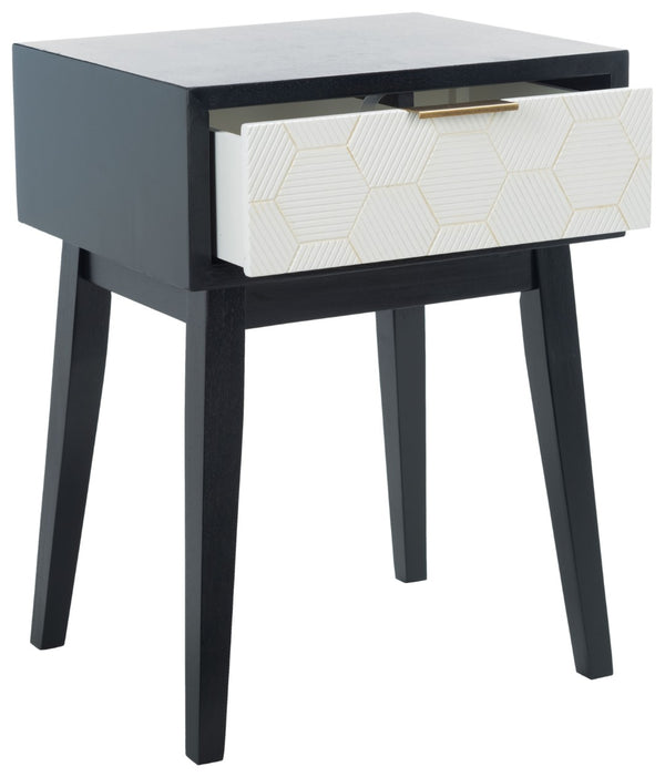 Safavieh Keya Mid-Century Modern Accent Table With Striated Hexagon Drawer And Gold Pull For Stylish Storage Black / White ACC6601B